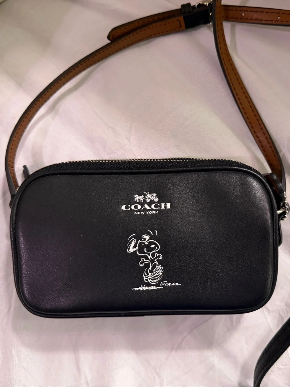 Coach Black Leather Messenger Crossbody with Snoopy Graphic and Tan Strap